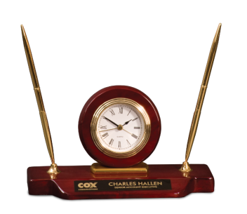 4-3/4"x9" Piano Finish Desk Clock W/2 Pens